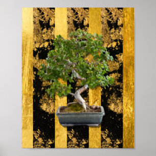 Poster Chinois Asiatique Bonsai Arbre Vert Or Noir