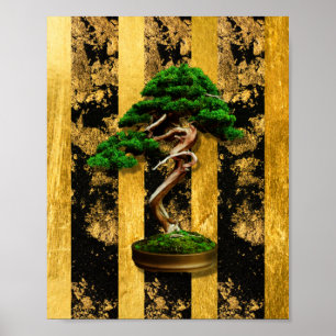Poster Chinois Asiatique Bonsai Arbre Vert Or Noir Imprim
