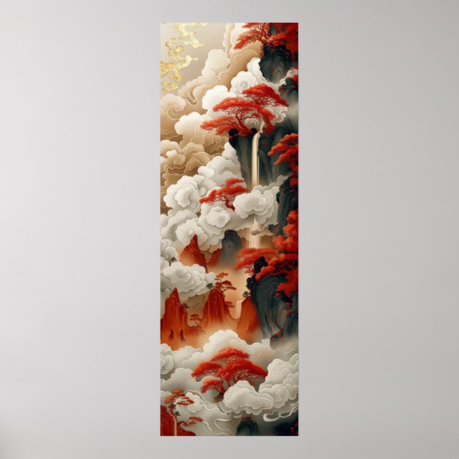 Poster chinois nuages rouge or blanc couleur (Devant)