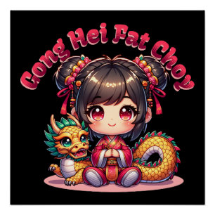 Poster Chinoise Nouvel An Fille & Dragon