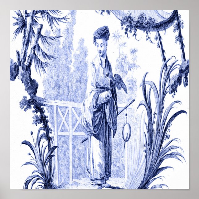 Poster Chinoiserie bleu et blanc Oriental chinois (Devant)