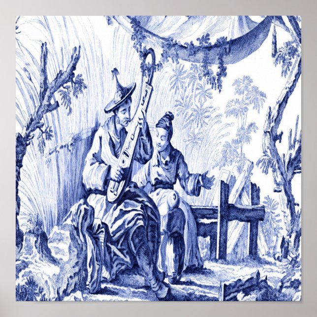 Poster Chinoiserie bleu et blanc Oriental chinois (Devant)