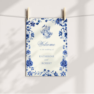 Poster Chinoiserie bleu profond Vintage Floral Mariage
