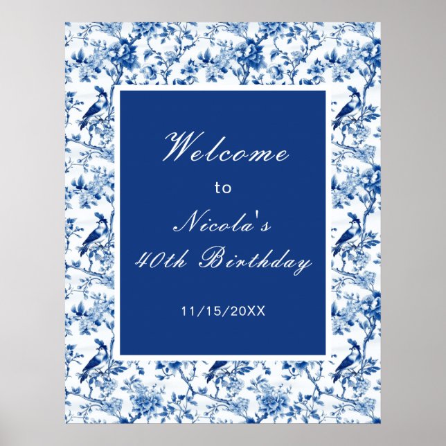 Poster Chinoiserie Blue Birds and Flowers Bridal Shower (Devant)