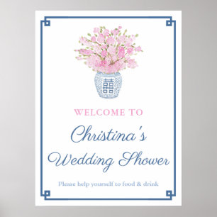 Poster Chinoiserie Chic Rose et Wedding shower bleu marin