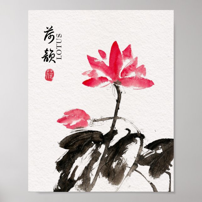 Poster Chinoiserie Libre Aquarelle Lotus Fleurs (Devant)