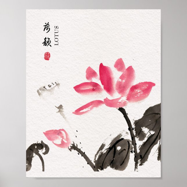 Poster Chinoiserie Libre Aquarelle Lotus Fleurs (Devant)