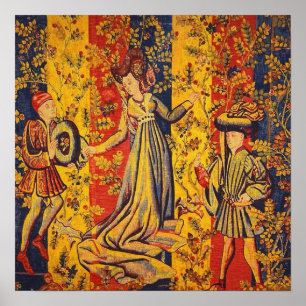 Poster Chinoiserie médiévale italienne rouge jaune