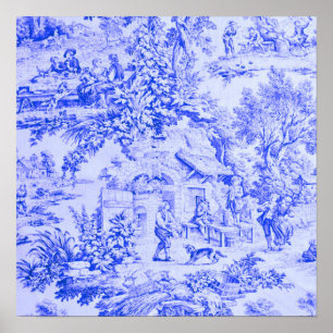 Poster Chinoiserie Toile Blanc Bleu Français Style Rustiq