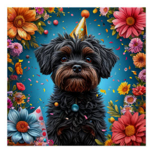 Poster Chiot adorable avec chapeau d'anniversaire