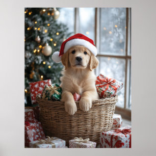 Poster Chiot adorable avec chapeau de Père Noël dans le p