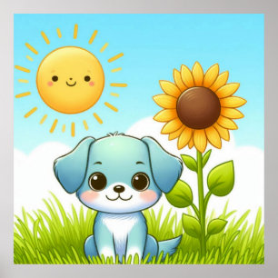 Poster Chiot adorable avec tournesol et soleil souriant