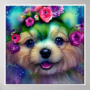 Poster Chiot blanc mignon avec des fleurs dans la tête