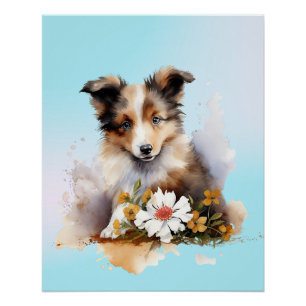 Poster Chiot de berger des Shetland Animalerie Aquarelle 