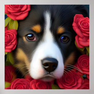 Poster Chiot de Corgi en roses rouges