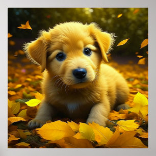 Poster Chiot jaune du Labrador jouant dans les feuilles d