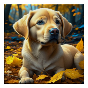 Poster Chiot jouant dans les feuilles d'automne  