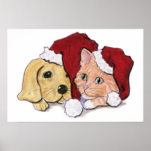 Poster Chiot Labrador de Noël mignon et chat tigré orange
