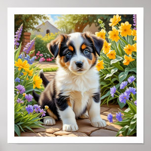Poster Chiot Mignon avec des Fleurs
