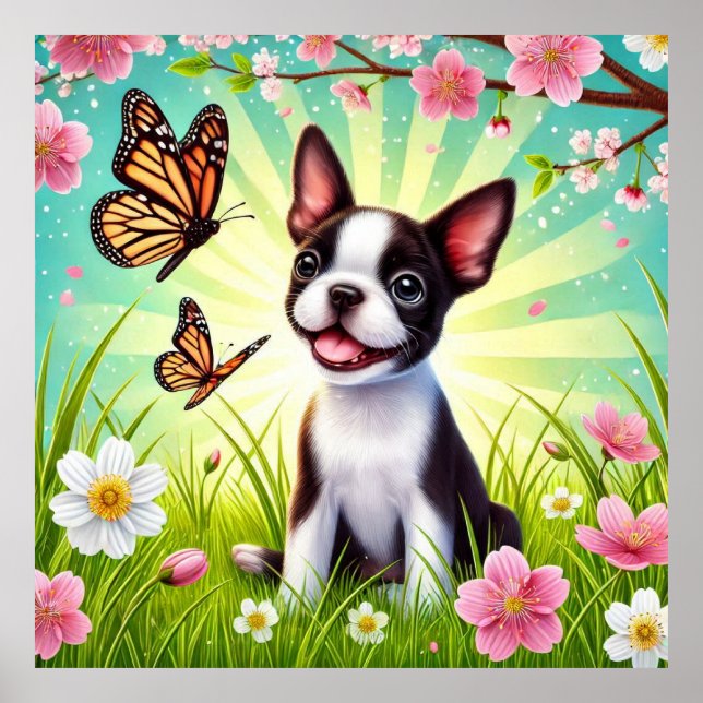 Poster Chiot mignon avec fleurs et papillons (Devant)