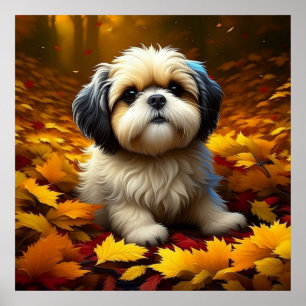 Poster Chiot Shih Tzu jouant dans les feuilles d'automne 