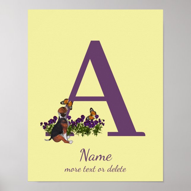 Poster Chiots Beagle Papillons Monogramme Initiale A Nom  (Devant)