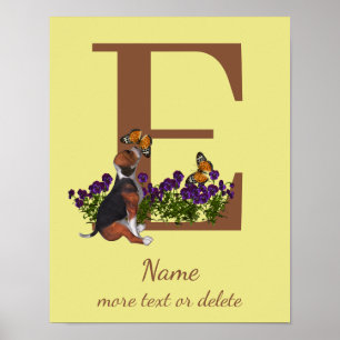 Poster Chiots Beagle Papillons Monogramme Initiale E Nom
