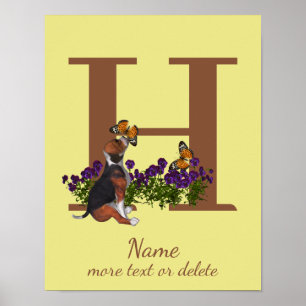 Poster Chiots Beagle Papillons Monogramme Initiale H Nom 