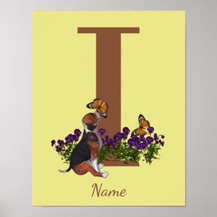Poster Chiots Beagle Papillons Monogramme Initiale I Nom