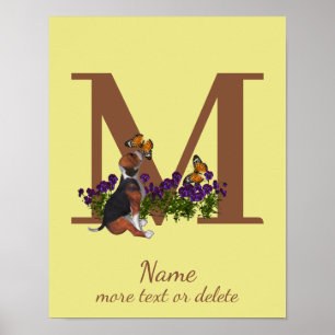 Poster Chiots Beagle Papillons Monogramme Initiale M Nom