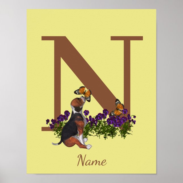 Poster Chiots Beagle Papillons Monogramme Initiale N Nom  (Devant)