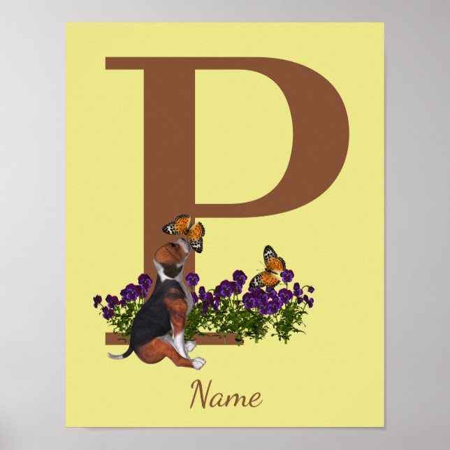 Poster Chiots Beagle Papillons Monogramme Initiale P Nom  (Devant)