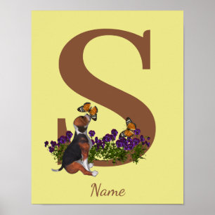 Poster Chiots Beagle Papillons Monogramme Initiale S Nom