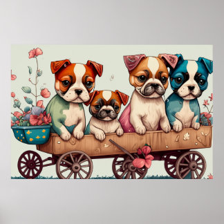 Poster Chiots colorés dans un Wagon