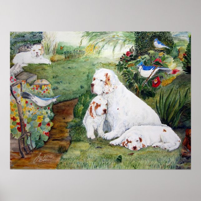 Poster Chiots de chambre dans le jardin, aquarelle Reprod (Devant)
