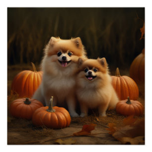 Poster Chiots Poméranie Joie d'Automne Citrouille