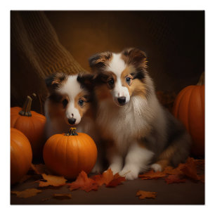 Poster Chiots Shetland Sheepdog Délice d'Automne Citrouil