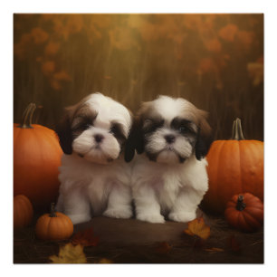 Poster Chiots Shih Tzu Délice d'Automne Citrouille