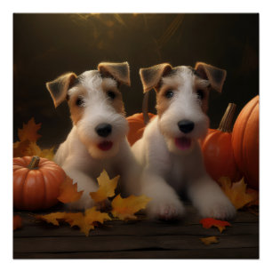 Poster Chiots Wire Fox Terrier Délice d'Automne Citrouill