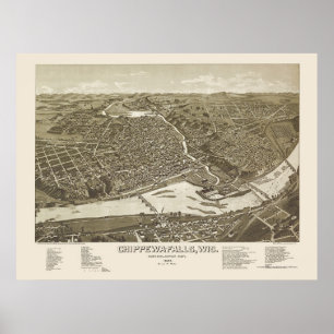 Poster Chippewa Falls, carte panoramique de WI - 1886