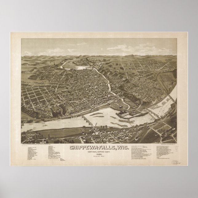 Poster Chippewa Falls WI 1886 Carte panoramique antique (Devant)