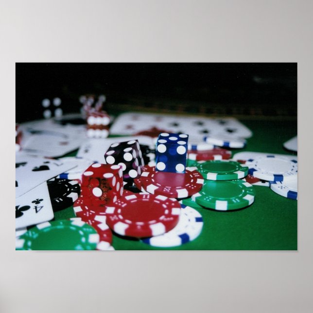 Poster Chips de poker, cartes et dés (Devant)