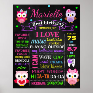 Poster Chouette 1er anniversaire panneau de craie