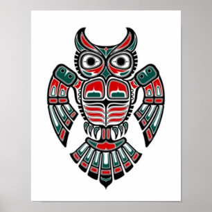 Poster Chouette à tête bleue rouge et noire haïda
