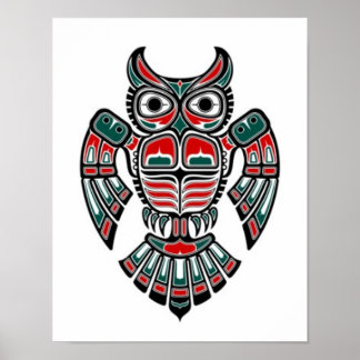 Poster Chouette à tête bleue rouge et noire haïda