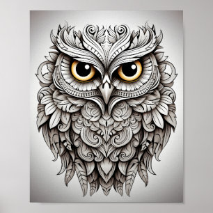Poster Chouette animale de dessin noir et blanc