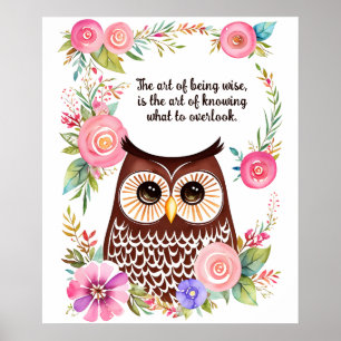 Poster Chouette aquarelle dans le jardin avec de jolies f