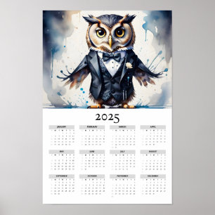 Poster Chouette aquarelle portant un calendrier mural Tux