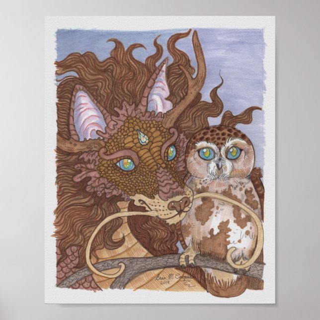 Poster Chouette aux yeux clairs et dragon (Devant)
