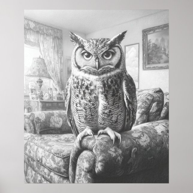 Poster Chouette blanche noire sur fauteuil de salon Illus (Devant)